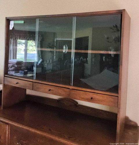 Brown Wood Hutch with Glass Sliding Doors, 50" W x 40" H (1 of 12)