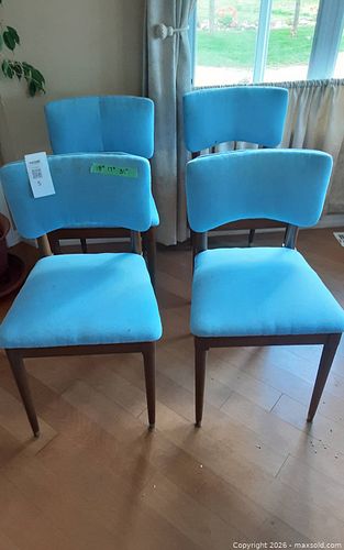 Set of 4 Mid-Century Modern Wood Dining Chairs with Turquoise Slipcovers (1 of 4)