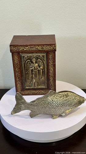 A religious relief-decorated keepsake box and a vintage metal fish card stander. (1 of 9)