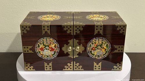 An exceptional vintage Chinese double-door multi-tiered jewelry chest (or cosmetic cabinet) with Double Happiness for Wedding dowry (1 of 6)