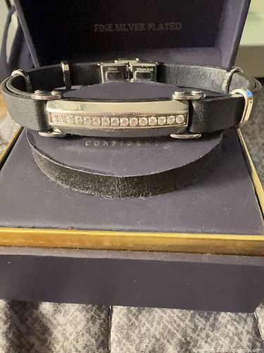 Black Leather & Stainless Steel ID Bar Bracelet with Crystal Accents (1 of 5)