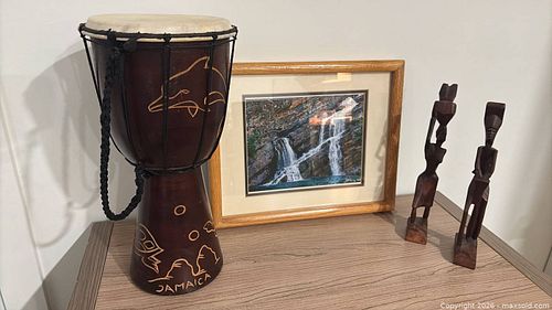Djembe-Style Drum, Framed Waterfall Print & Carved Wooden Figurines (1 of 4)