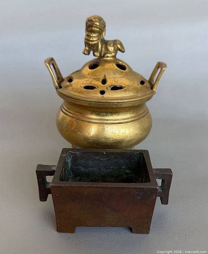 Antique Signed Chinese Rectangular Bronze Censer & Vintage Brass Tripod Foo Dog Lid Incense Burner (1 of 6)