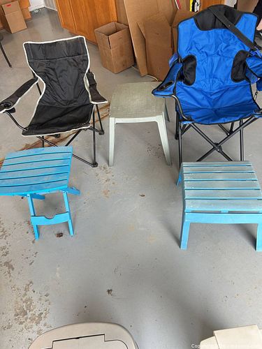 Lot: 2 Folding Camp Chairs, 2 Blue Slatted Tables & Gray Table . (1 of 7)