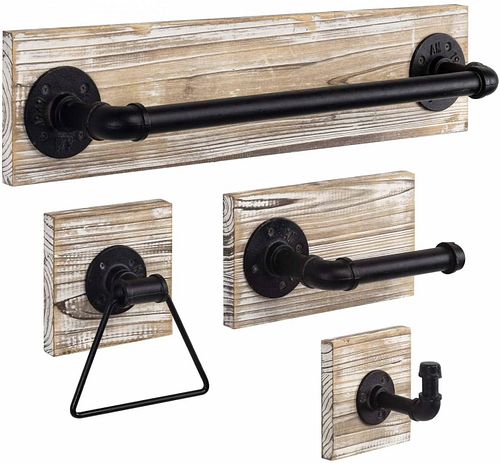 4 Piece Wall Mounted Bathroom Hardware Set - Rustic Torched Wood (1 of 3)