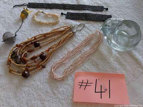  Assortment of Hand-Made Beaded & Shell Jewelry with Glass Cat  (1 of 5)