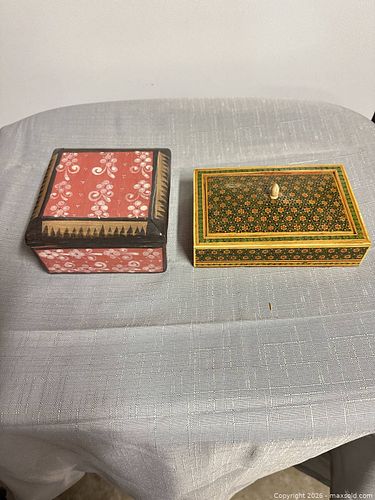 Set of 2 Hand-Painted Folk Decorative Boxes, Wood & Ceramic (1 of 5)