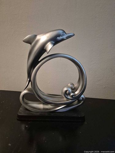 Silver Resin Dolphin Decorative Sculpture, Silver Finish, Wooden Base 10 in (1 of 4)