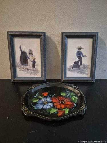 Two Framed Amish Country Prints and Folk Art Tole Tray (1 of 5)