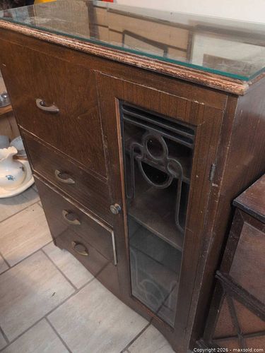 Art Deco Dark Brown Wood Veneer Credenza with Removable Glass Top (1 of 13)
