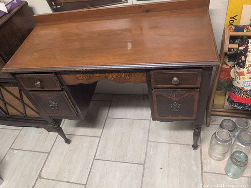 Vintage Solid Wood Brown Desk with Brass Hardware, 4+ Drawers (1 of 14)