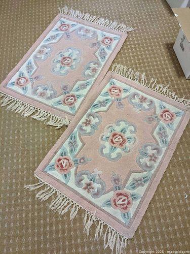 3x6' ( hallway runner) Pair of Small Wool Floral Oriental Accent Rugs - Pink/Cream/Blue (1 of 2)