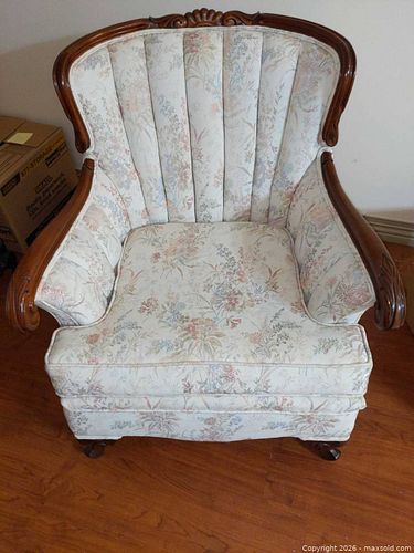 Victorian Upholstered Armchair, Floral Fabric & Wood Frame (1 of 2)
