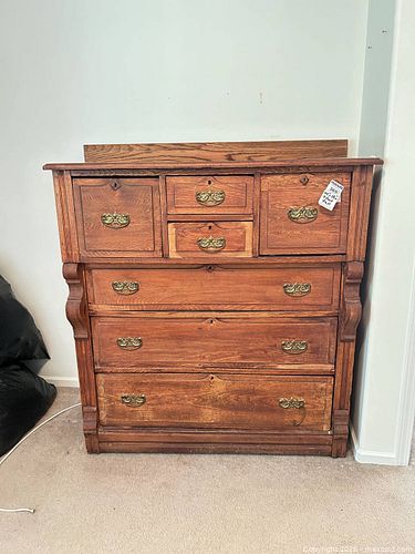 Antique Solid Oak Dresser with Brass Pulls & Casters (1 of 6)