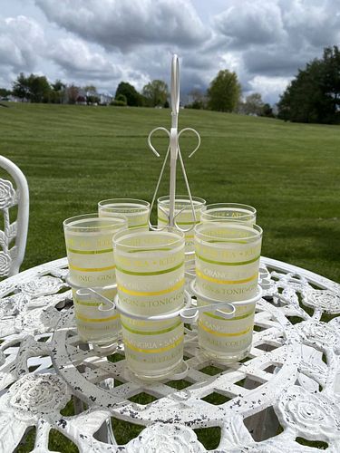 Culver Striped Frosted Glass Tumblers Set of 6 with Metal Caddy (1 of 4)