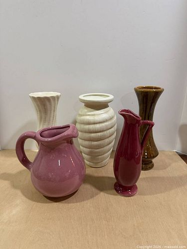 Set of 4-5 Ceramic Vases and Pitchers, Pink/Cream/Brown (1 of 13)