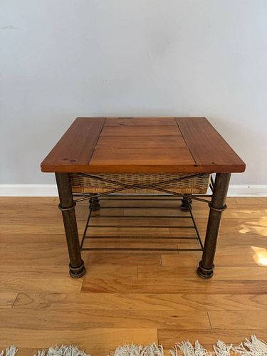 Rustic Industrial End Table with Solid Wood Top & Wicker Basket (1 of 9)