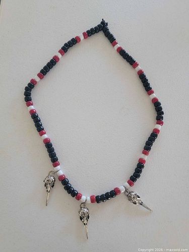 Beaded Necklace w/ Metal Bird Skull Replicas  (1 of 3)