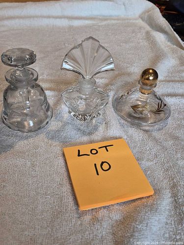 Set of 3 Cut Glass Perfume Bottles with Fan/Shell Stoppers (1 of 7)