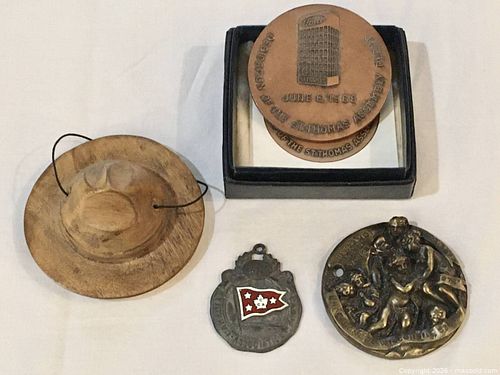Group of medals etc - Ford St. Thomas 1968 / carved Boy Scout hat / Canadian Canoe Assoc. 1964 / Bergamot Brass, Wisconsin (1 of 17)