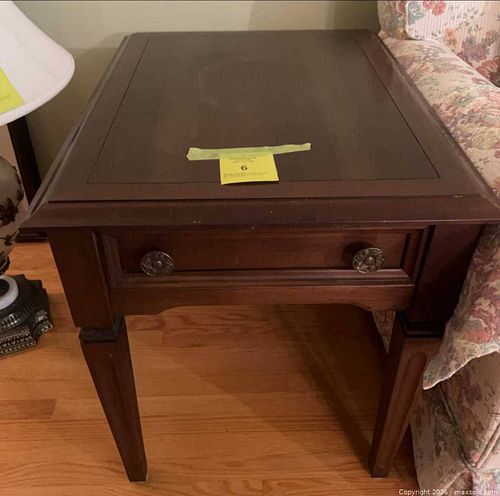 dark wood end table with a single front drawer & tapered legs (1 of 6)
