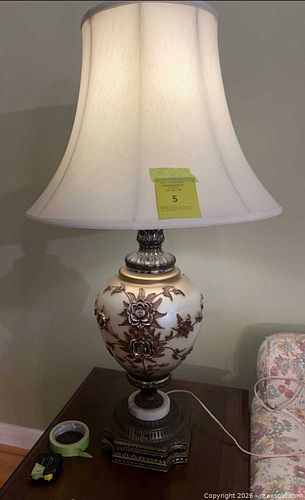 vintage Hollywood Regency table lamp featuring an opalescent glass body with raised bronze roses - A (1 of 3)