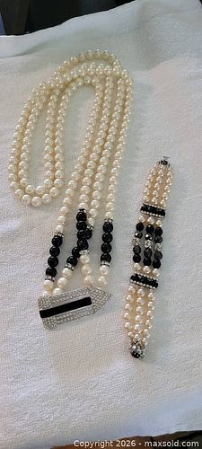 Art Deco Simulated Pearl & Glass Bead Necklace and Bracelet Set (1 of 8)