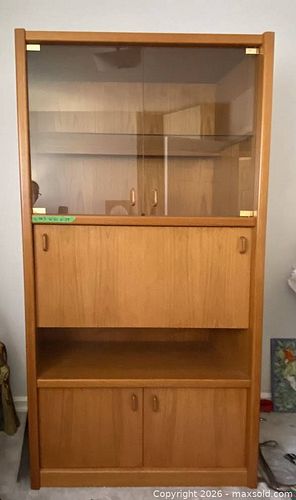 Light Brown Wood Veneer Display Cabinet with Drop-Front Desk (1 of 6)