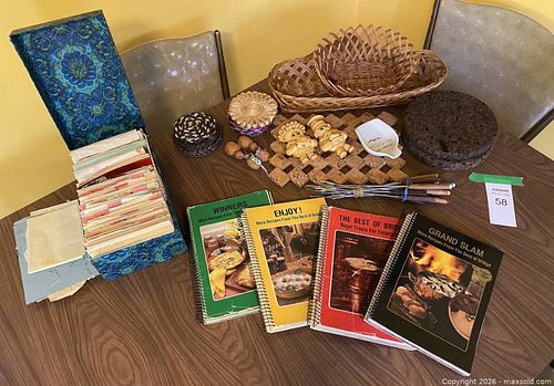 Lot: Best of Bridge Cookbooks, Vintage Recipe Cards, Wicker Baskets & Kitchen Accessories (1 of 7)