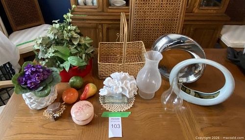 Mixed Home Decor Lot: Coral, Vases, Metal Bowl, Wicker Basket (1 of 9)