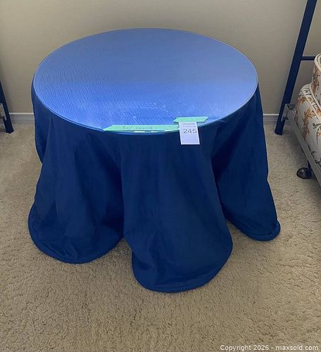 Round 30" Glass Top Accent Table with Mirrored Base & Blue Cover (1 of 3)