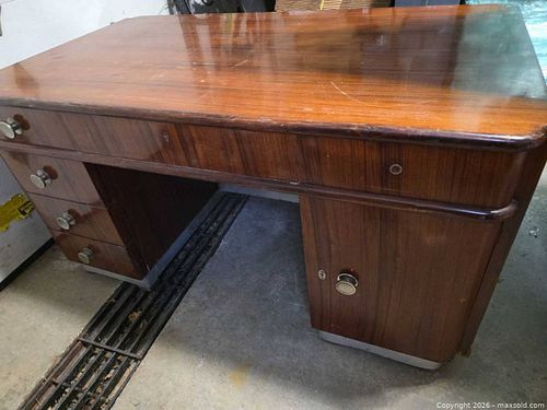 Fratelli (Italy) Antique Wood Veneer Desk 1950s, 60" L x 34" D  (1 of 9)