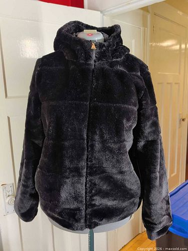 Women's Black Faux Fur Hooded Jacket, Size M (1 of 9)