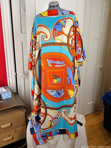 Women's Turquoise & Orange Silk-Blend Robe / Dressing Gown, One Size (1 of 4)