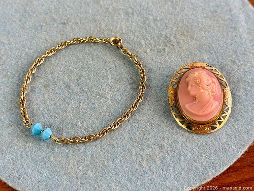 Vintage Gold Filled Bracelet & Gold Front Pink Cameo Brooch (1 of 6)
