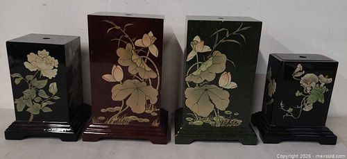 Set of 4 Decorative Wooden Plant Stands ? with Floral Asian Motif (1 of 8)