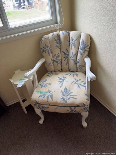 Cream Upholstered Accent Chair with Blue Leaf Print & White Side Table (1 of 7)