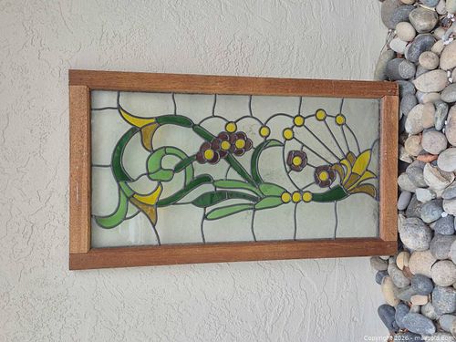 Art Nouveau Floral Stained Glass Panel in Wood Frame (1 of 7)