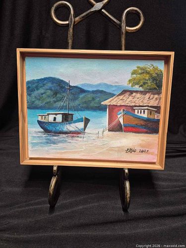 Original acrylic painting of harbor boats, signed and dated (1 of 6)