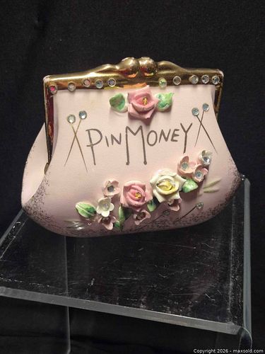 Pink Ceramic Floral Coin Bank with Gold Trim, "Pin Money" (1 of 8)