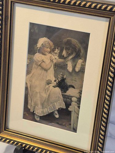 Small Antique Gold Framed Print - Child with Dogs & Cats (1 of 4)