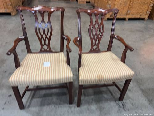Pair of Chippendale Mahogany Wood Dining Armchairs with Striped Seats (1 of 3)