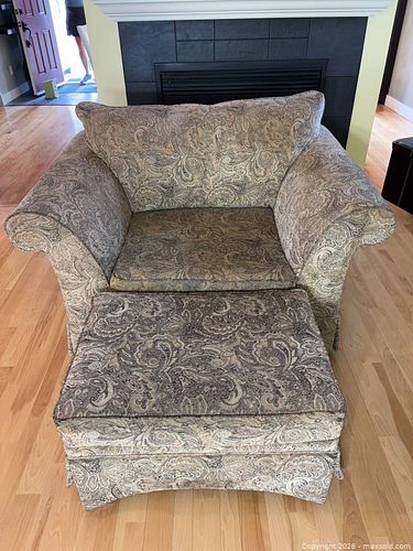 Oversized Beige Paisley Armchair with Ottoman, Rolled Arms (1 of 10)