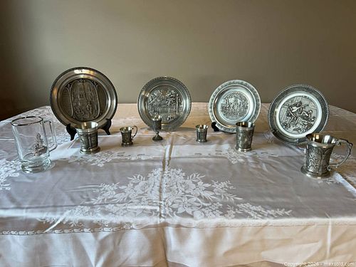 Vintage Decorative Pewter & Glass Plates, Mugs & Steins — approx 11 pcs (1 of 17)