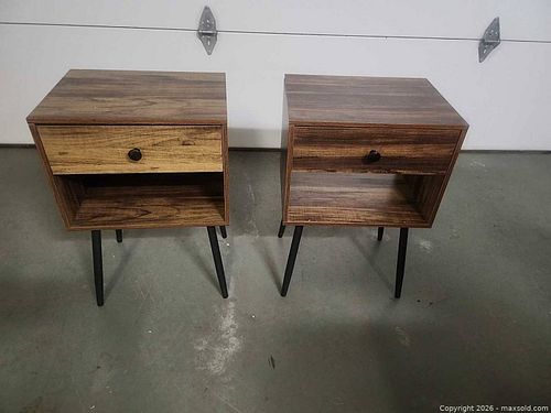 Pair of Mid-Century Modern Nightstands, Brown Wood Grain, Black Legs (1 of 3)