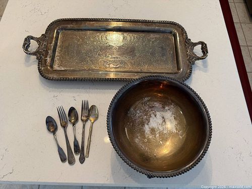 Vintage Silver Plated Serving Tray, Decorative Bowl & Flatware (1 of 6)