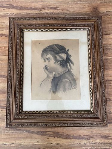 Ornate Framed Antique Portrait Drawing Of A Young Child- Signed (1 of 12)