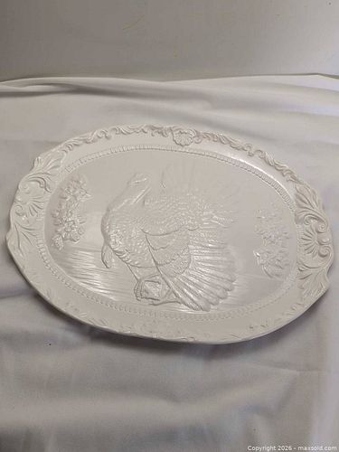 White Porcelain Serving Platter — Turkey & Floral Motif, 16–20 in (1 of 4)