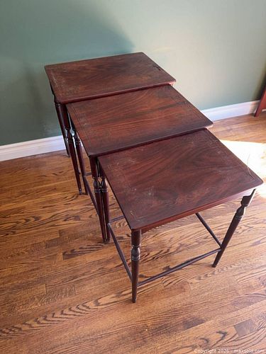 vintage mahogany nesting table set with brass inlay (1 of 8)