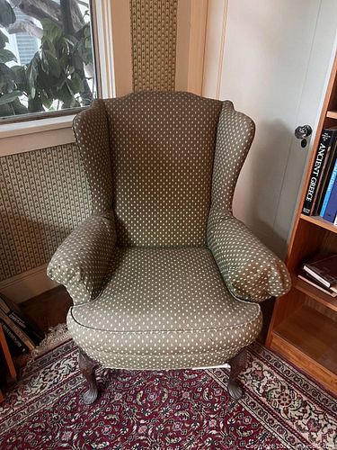 Traditional Chippendale/Queen Anne Olive Green Wingback Chair (1 of 5)